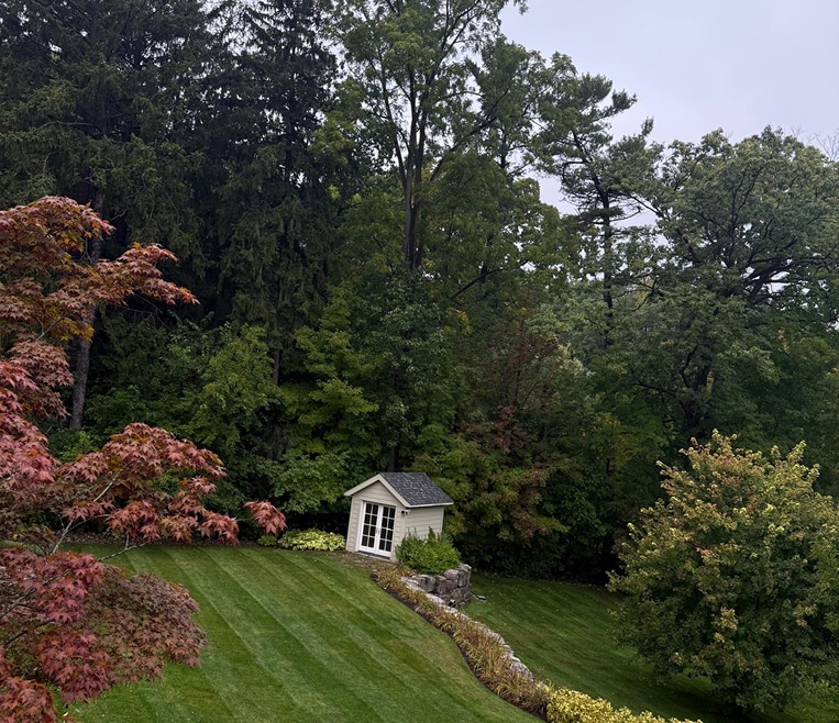 Lush backyard with striped lawn, garden shed, stone retaining wall, and landscaping.